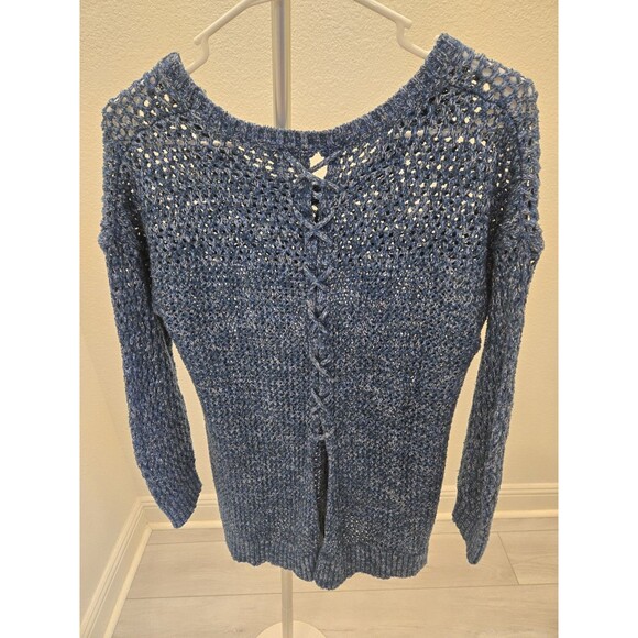 Lucky Brand Womens Sweater Open Knit Split Back Blue Heather Pullover Size L - Picture 3 of 9
